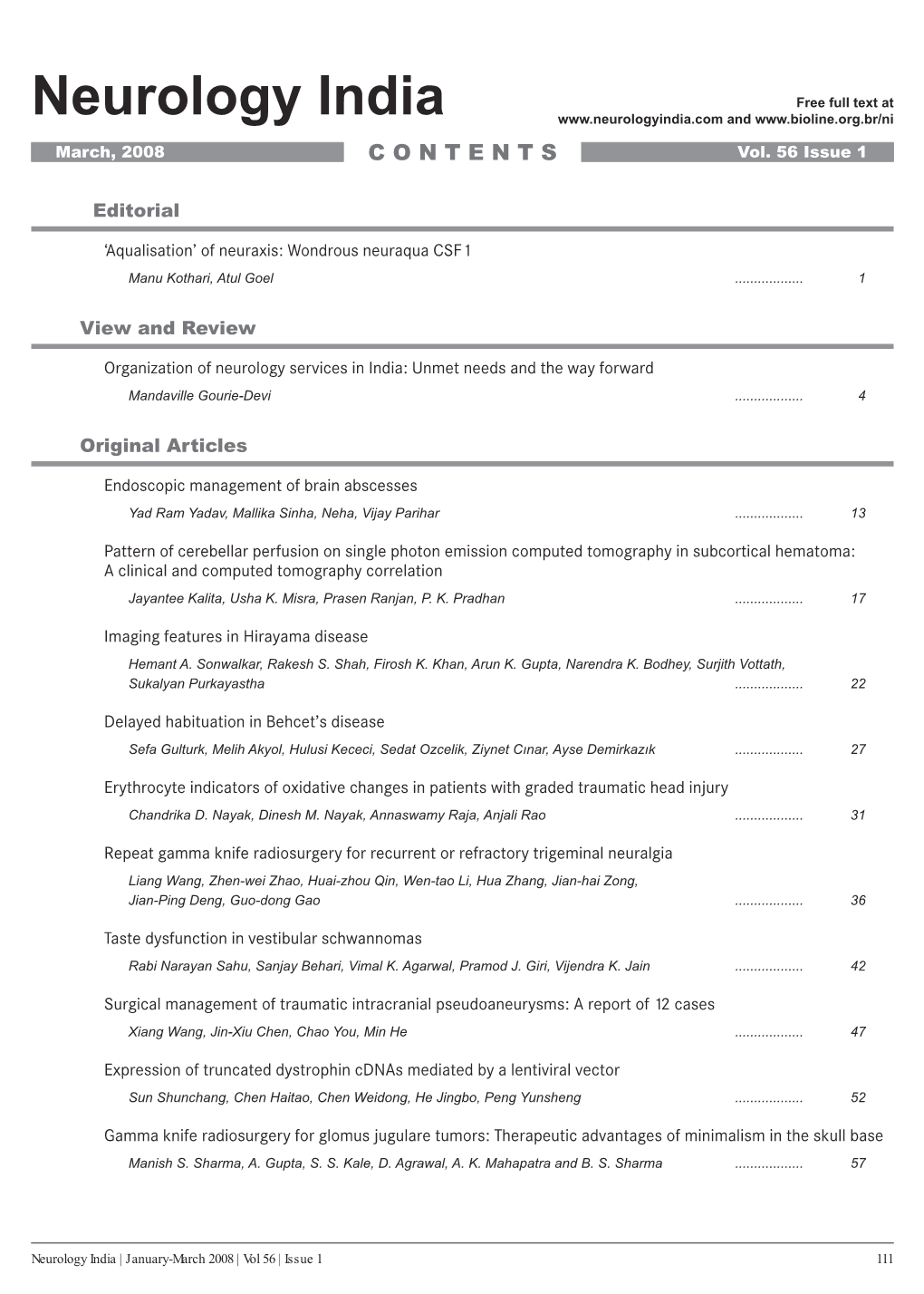 Neurology India Free Full Text at and March, 2008 C O N T E N T S Vol