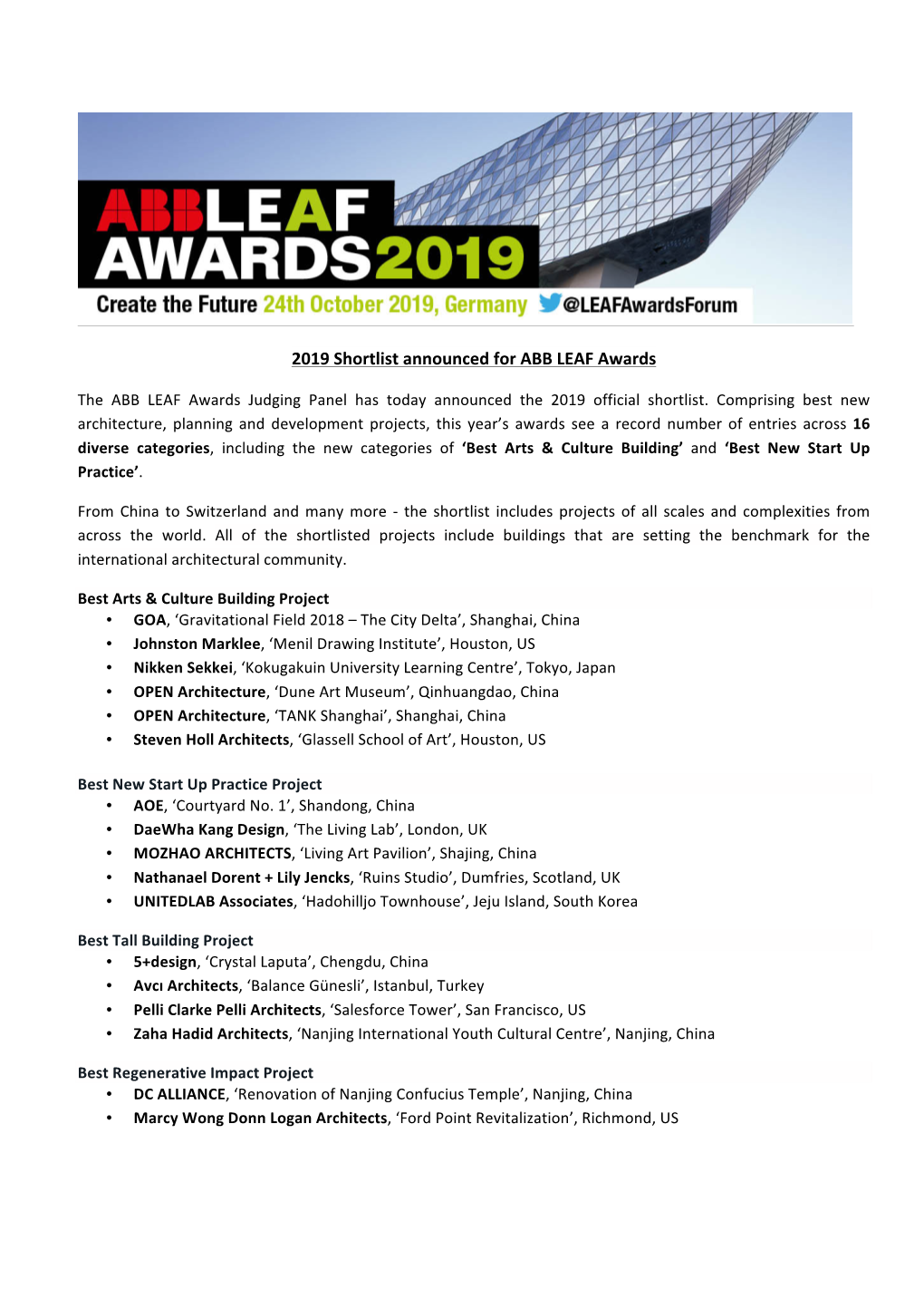 2019 Shortlist Announced for ABB LEAF Awards