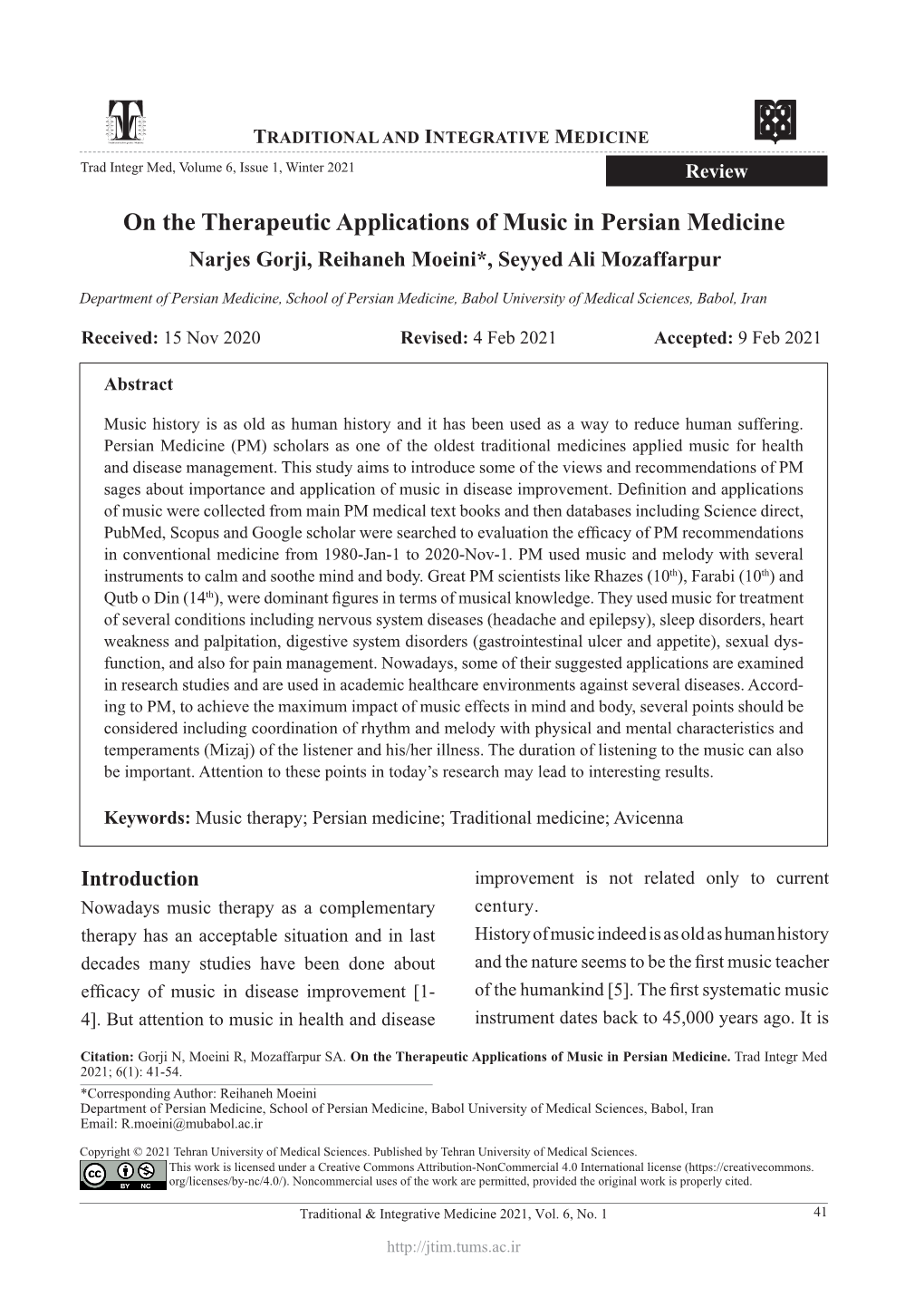 On the Therapeutic Applications of Music in Persian Medicine Narjes Gorji, Reihaneh Moeini*, Seyyed Ali Mozaffarpur