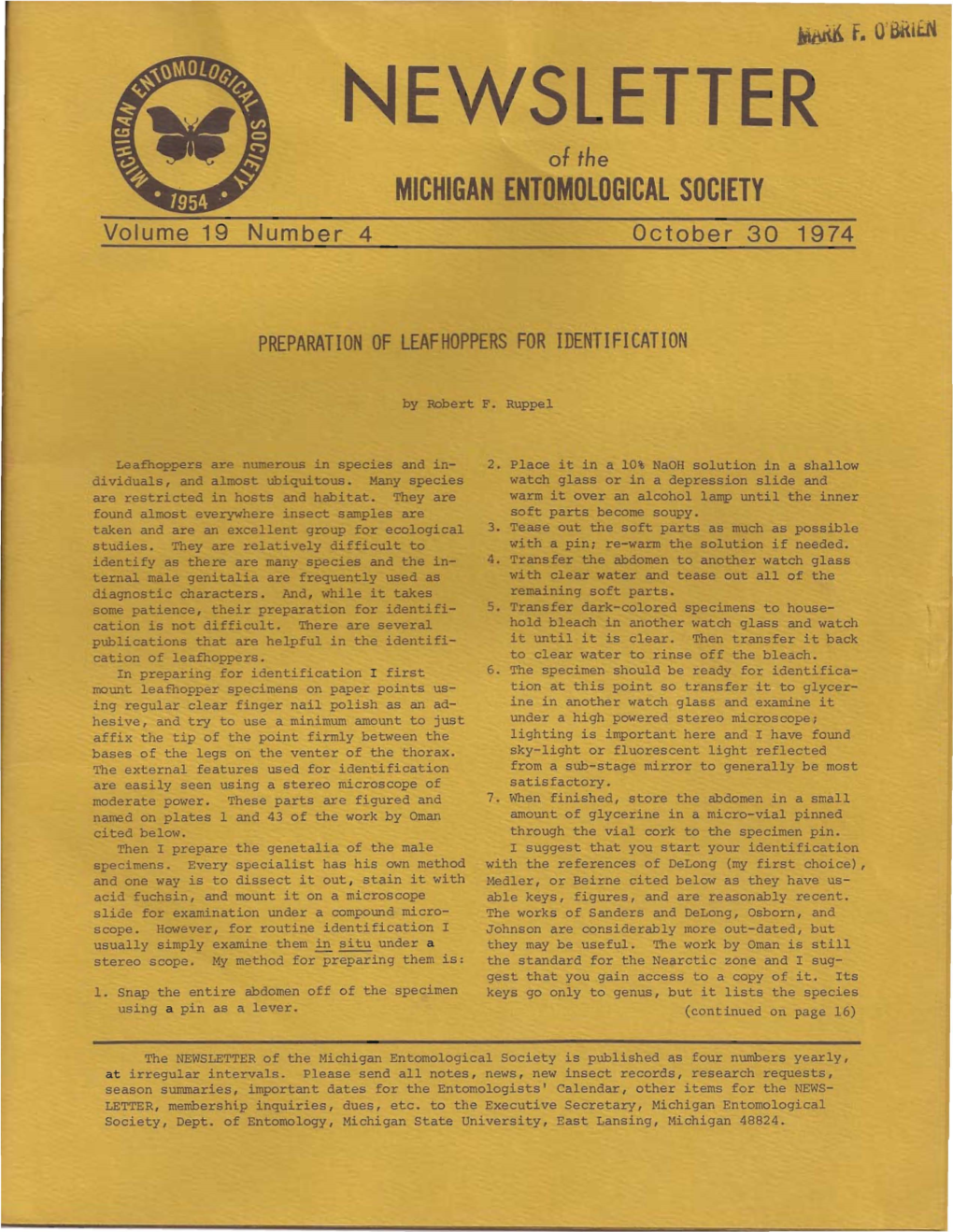 NEWSLETTER of the MICHIGAN ENTOMOLOGICAL SOCIETY Volume 19 Number 4 October 30 1974