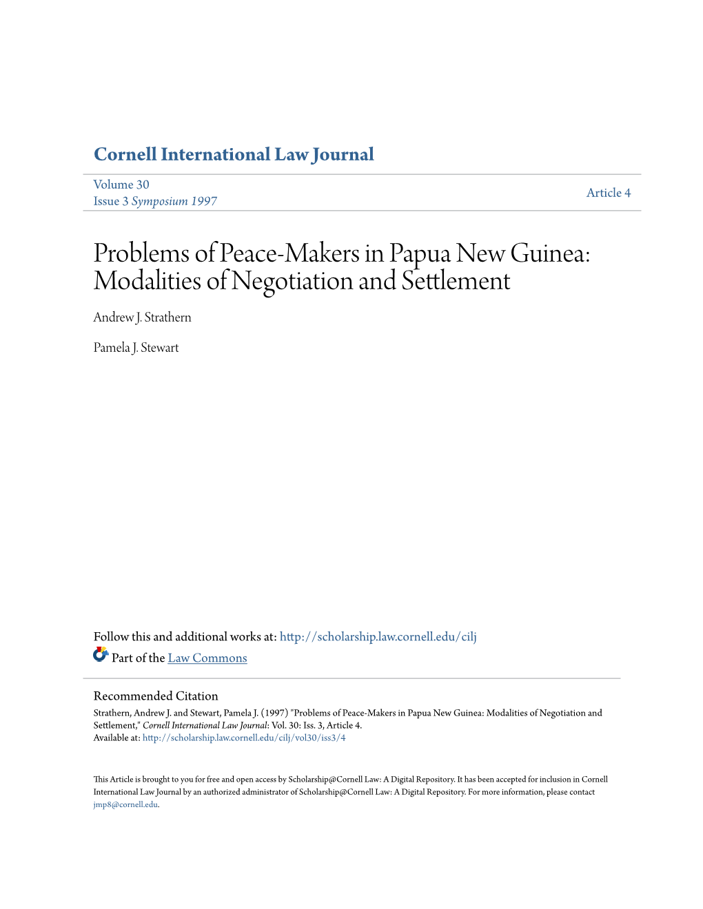 Problems of Peace-Makers in Papua New Guinea: Modalities of Negotiation and Settlement Andrew J