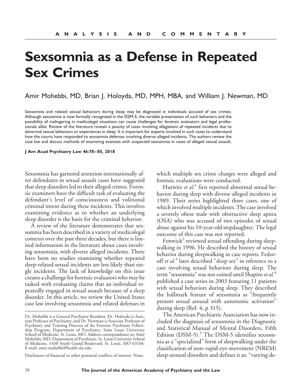 Sexsomnia As a Defense in Repeated Sex Crimes