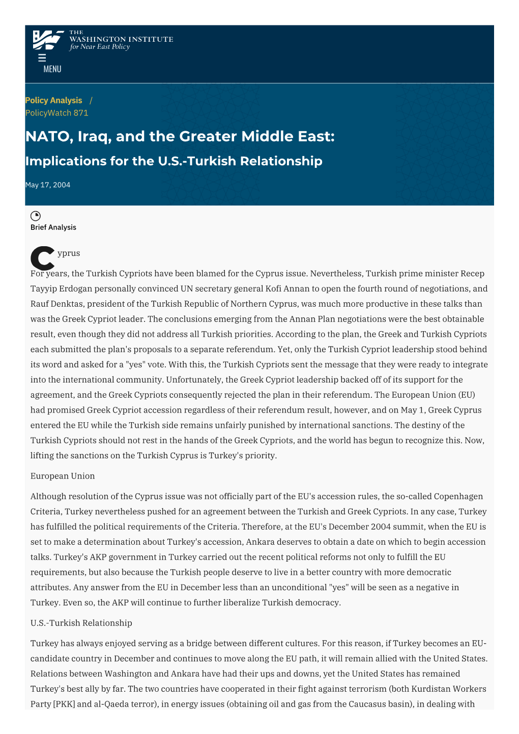 NATO, Iraq, and the Greater Middle East: Implications for the U.S.-Turkish Relationship