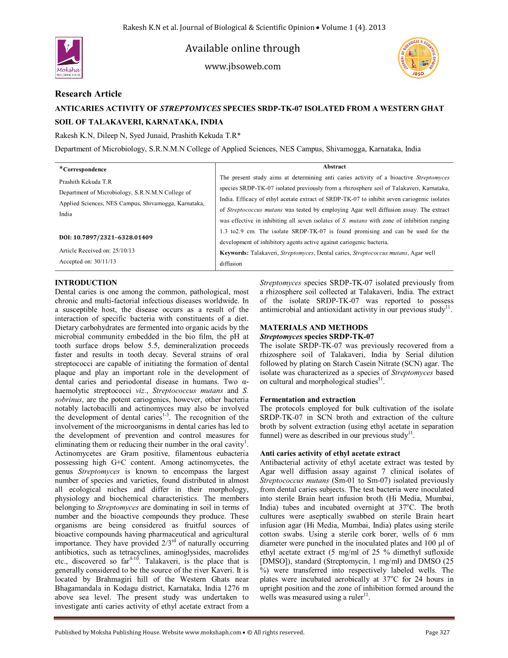 Anticaries Activity of Streptomyces Species Srdp-Tk-07 Isolated from A