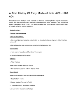 A Brief History of Early Medieval India (800 -1200 AD)