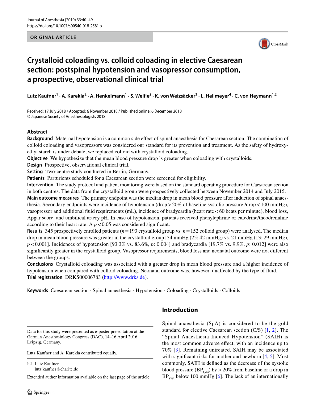 Crystalloid Coloading Vs. Colloid Coloading in Elective Caesarean