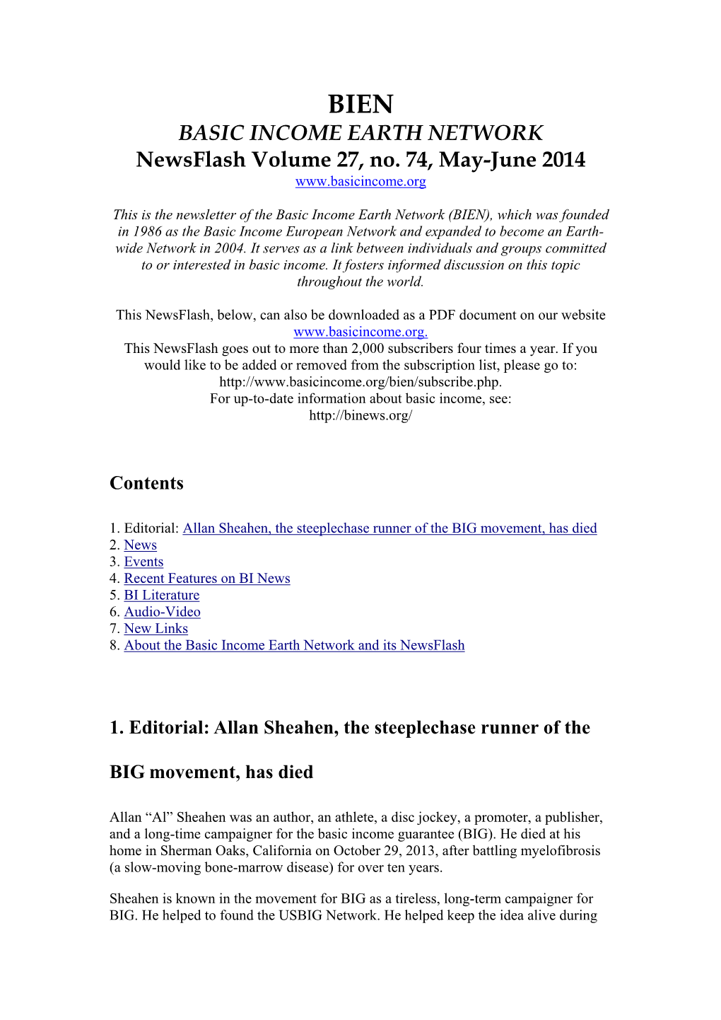 BASIC INCOME EARTH NETWORK Newsflash Volume 27, No. 74, May-June 2014