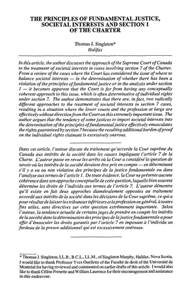 The Principles of Fundamental Justice, Societal Interests and Section I of the Charter