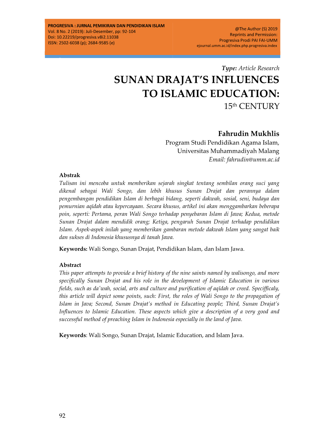 Sunan Drajat's Influences to Islamic Education