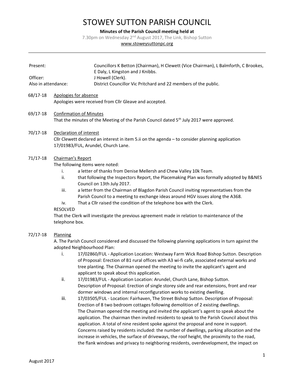 STOWEY SUTTON PARISH COUNCIL Minutes of the Parish Council Meeting Held at 7.30Pm on Wednesday 2Nd August 2017, the Link, Bishop Sutton