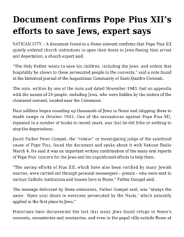 Document Confirms Pope Pius XII's Efforts to Save Jews, Expert Says