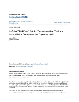 “Third Force” Activity: the South African Truth and Reconciliation Commission and Eugene De Kock