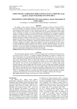 ASPECTOS DE LA BIOLOGÍA POBLACIONAL EN EL CAMPO DE Anolis Aquaticus, Sauria: Polychridae EN COSTA RICA