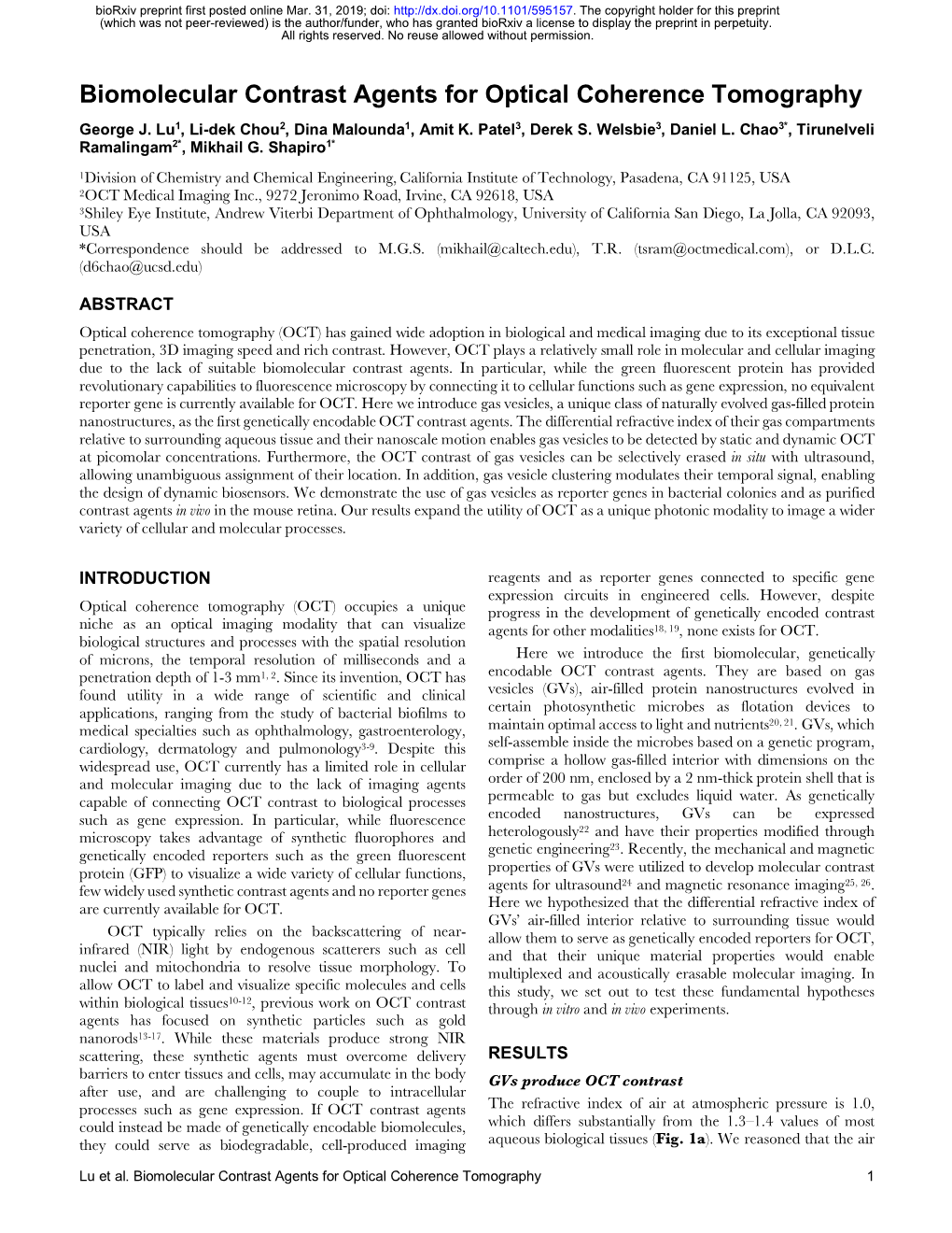 Biomolecular Contrast Agents for Optical Coherence Tomography George J