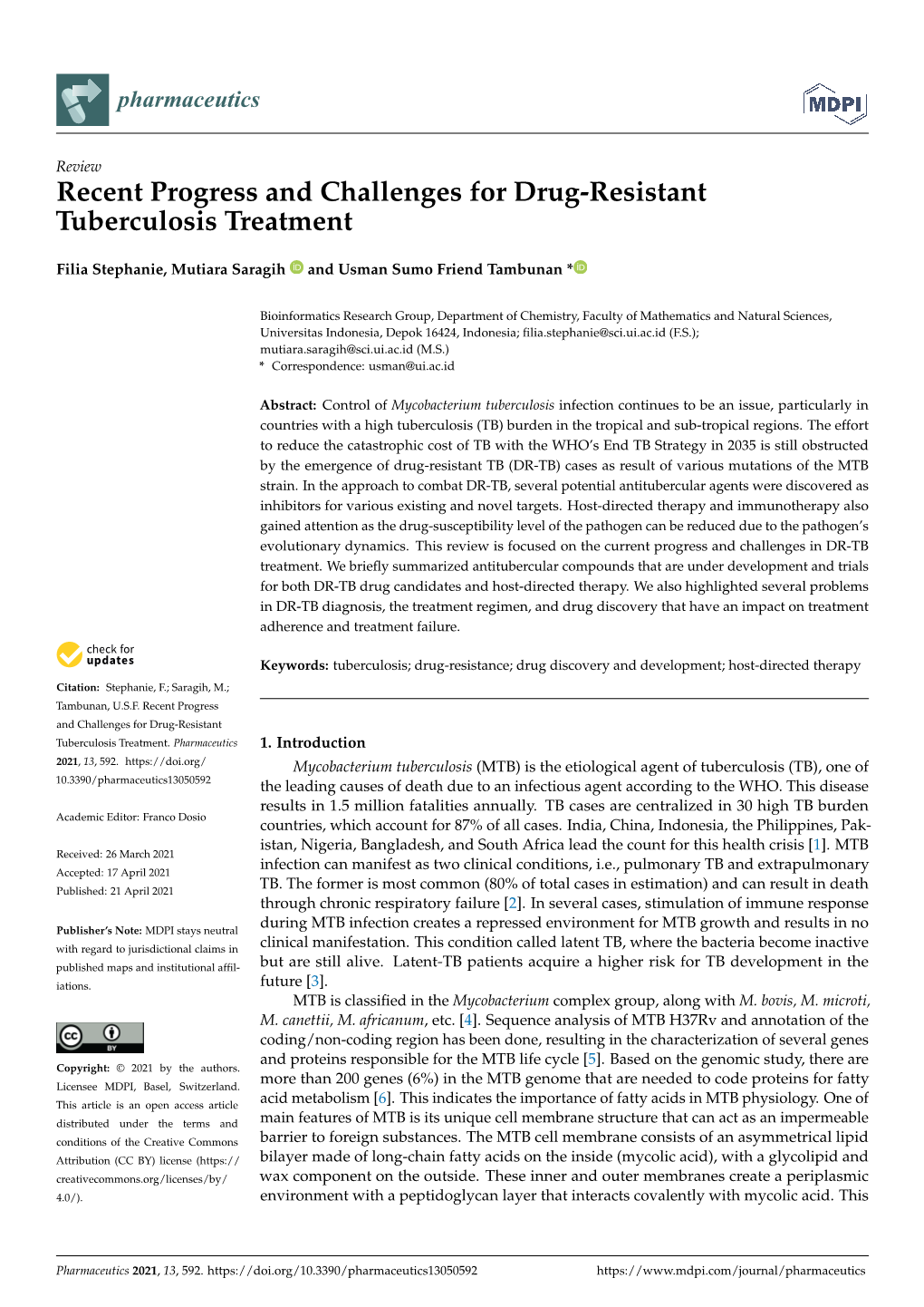 Recent Progress and Challenges for Drug-Resistant Tuberculosis Treatment