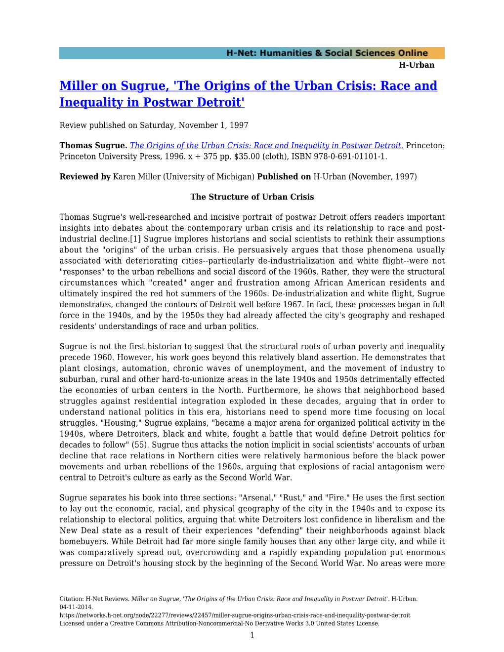 Miller on Sugrue, 'The Origins of the Urban Crisis: Race and Inequality in Postwar Detroit'