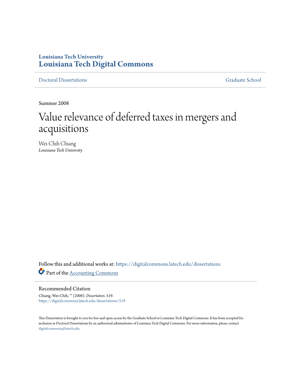 Value Relevance of Deferred Taxes in Mergers and Acquisitions Wei-Chih Chiang Louisiana Tech University