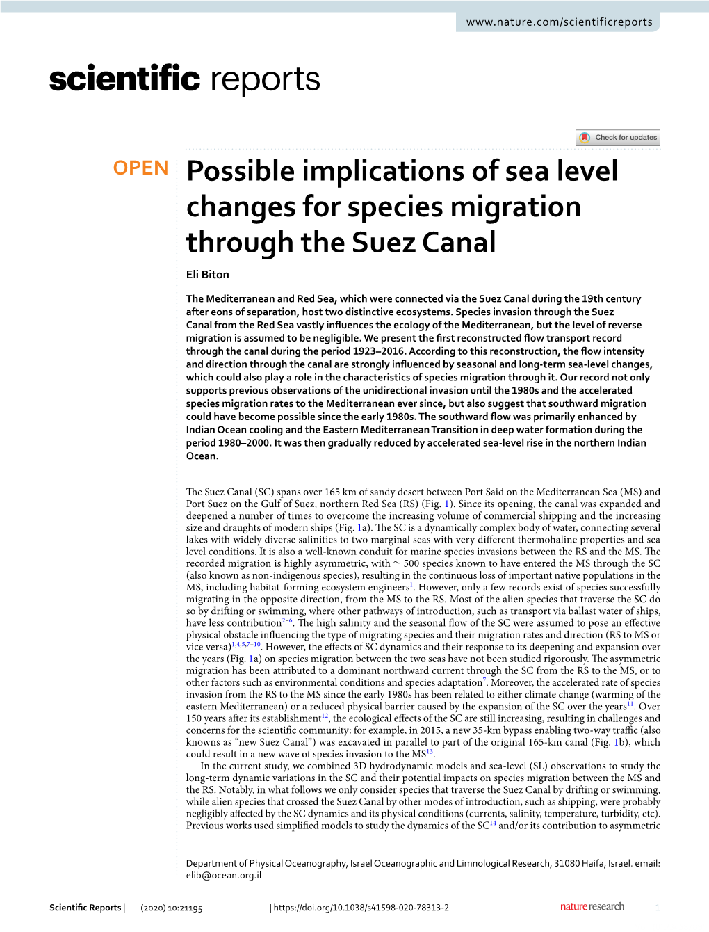 Possible Implications of Sea Level Changes for Species Migration Through the Suez Canal Eli Biton