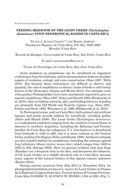 FEEDING BEHAVIOR of the LEAST GREBE (Tachybaptus Dominicus) UPON NEOTROPICAL RANIDS in COSTA RICA