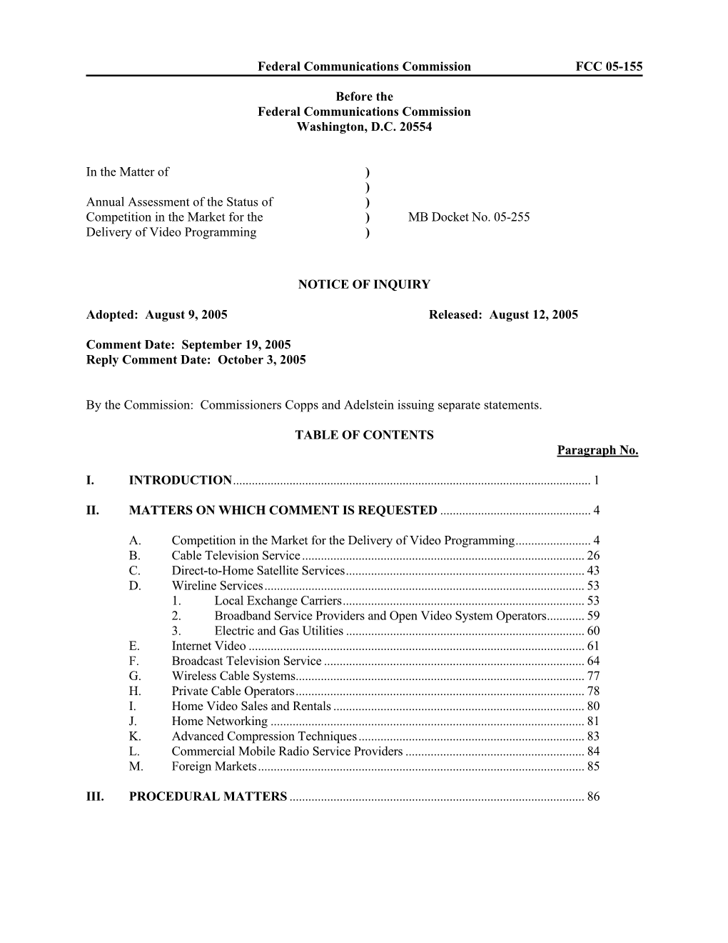 Federal Communications Commission FCC 05-155 Before the Federal