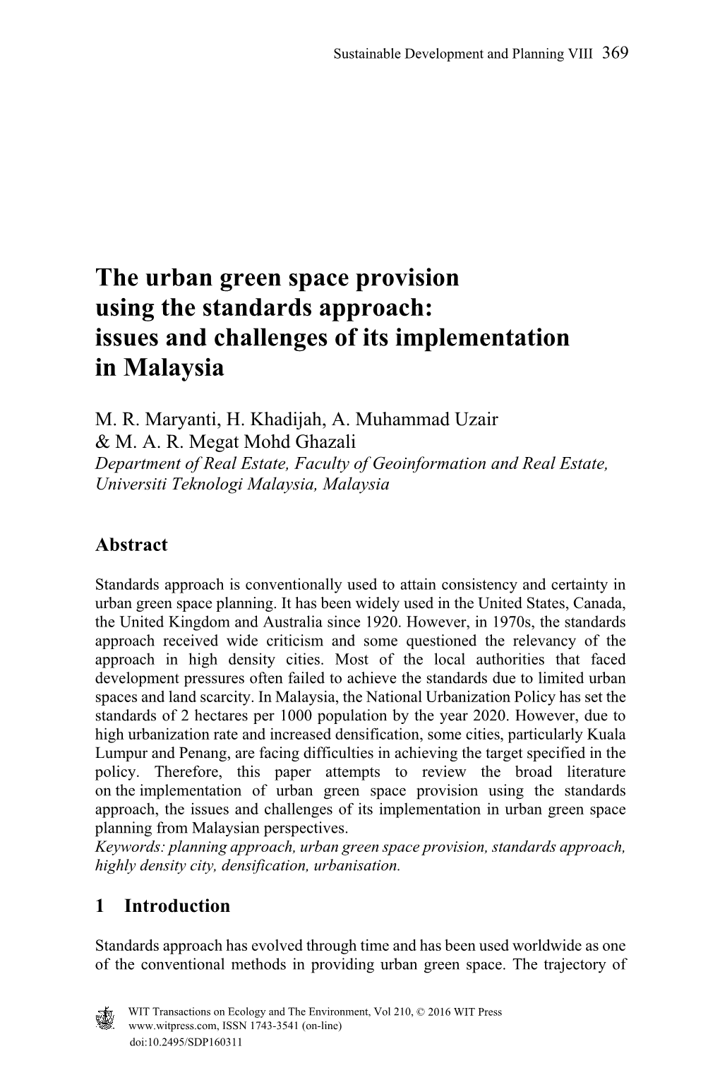 The Urban Green Space Provision Using the Standards Approach: Issues and Challenges of Its Implementation in Malaysia