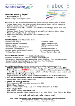 Member Meeting Report 4 February 2015 Held at Energus, Workington, Cumbria