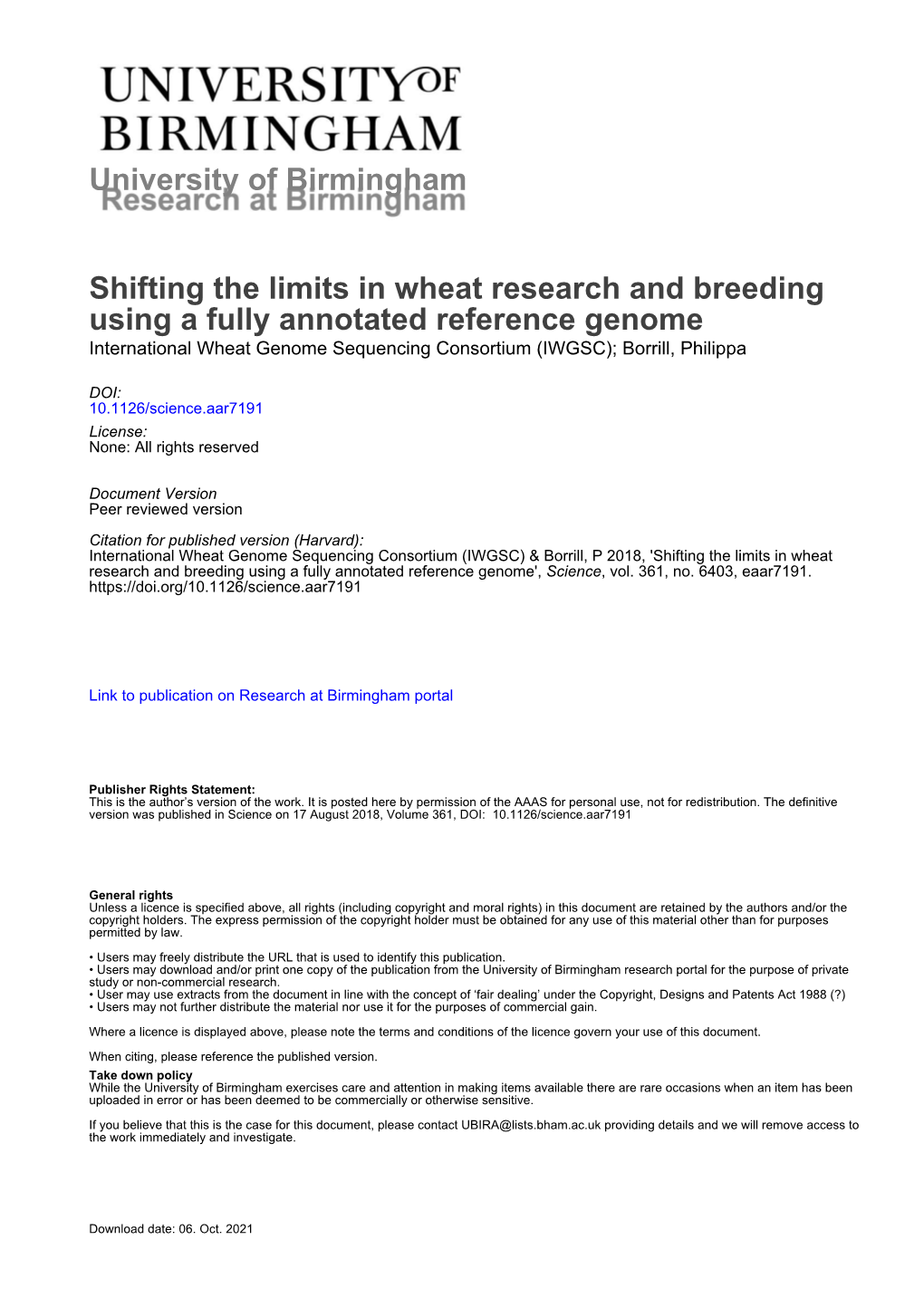 University of Birmingham Shifting the Limits in Wheat Research And