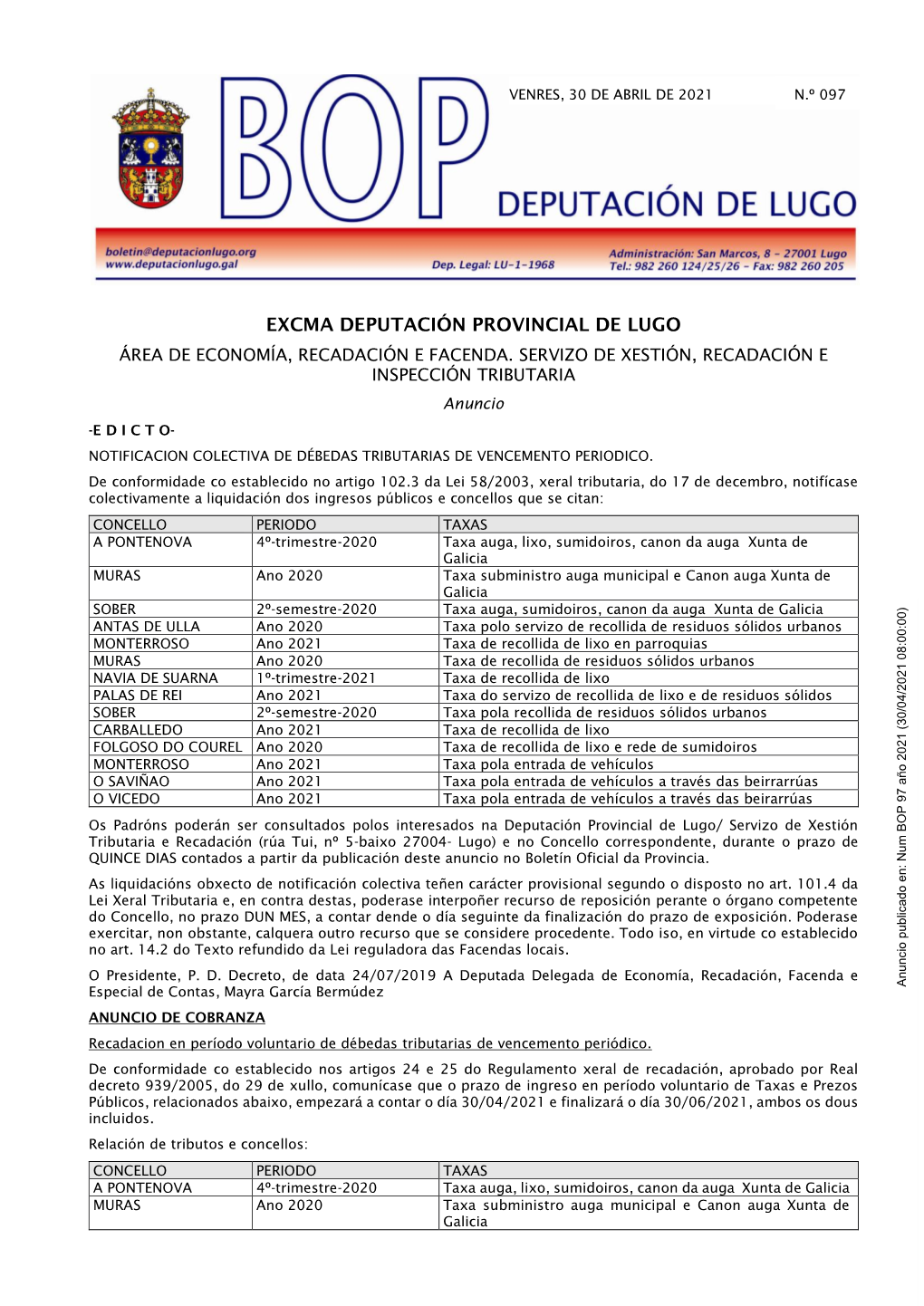 Excma Deputación Provincial De Lugo Área De Economía, Recadación E Facenda