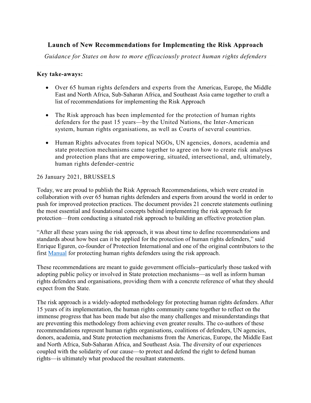 Launch of New Recommendations for Implementing the Risk Approach Guidance for States on How to More Efficaciously Protect Human Rights Defenders