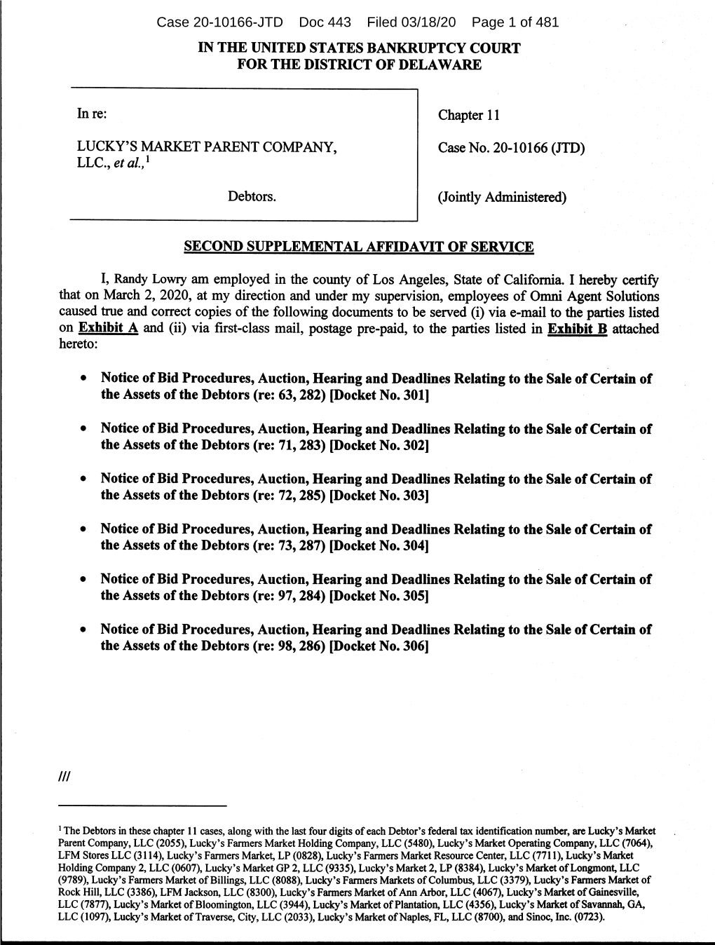 Case 20-10166-JTD Doc 443 Filed 03/18/20 Page 1 of 481 Case 20-10166-JTD Doc 443 Filed 03/18/20 Page 2 of 481 Case 20-10166-JTD Doc 443 Filed 03/18/20 Page 3 of 481