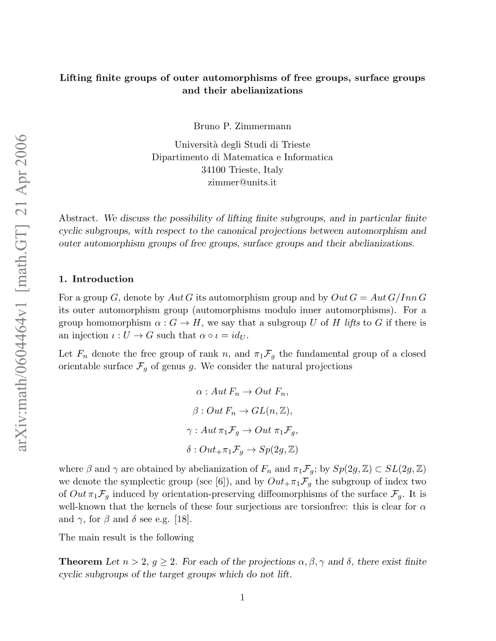 Arxiv:Math/0604464V1 [Math.GT] 21 Apr 2006 Abstract