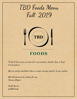 TBD Foods Menu Fall 2019