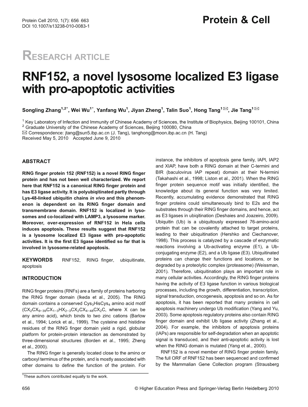 RNF152, a Novel Lysosome Localized E3 Ligase with Pro-Apoptotic Activities