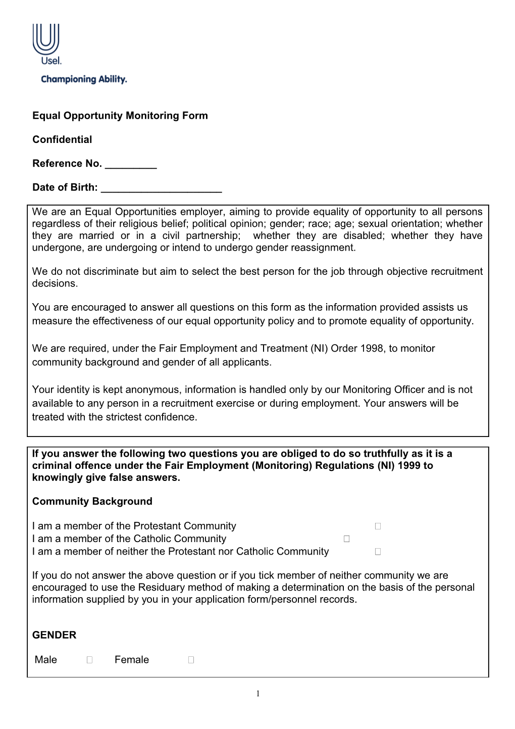 Equal Opportunity Monitoring Form