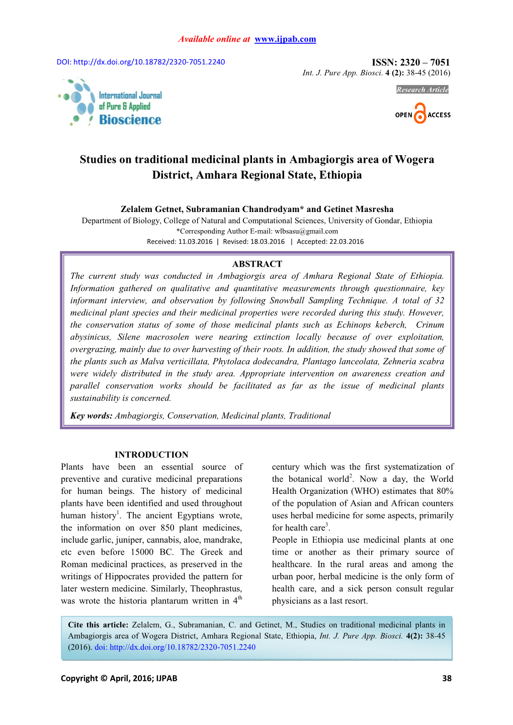 Studies on Traditional Medicinal Plants in Ambagiorgis Area of Wogera District, Amhara Regional State, Ethiopia