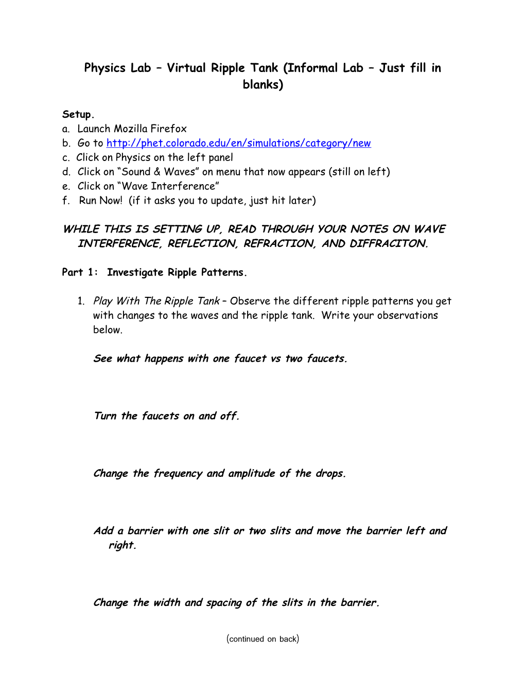 Physics Lab Virtual Ripple Tank (Informal Lab Just Fill in Blanks)