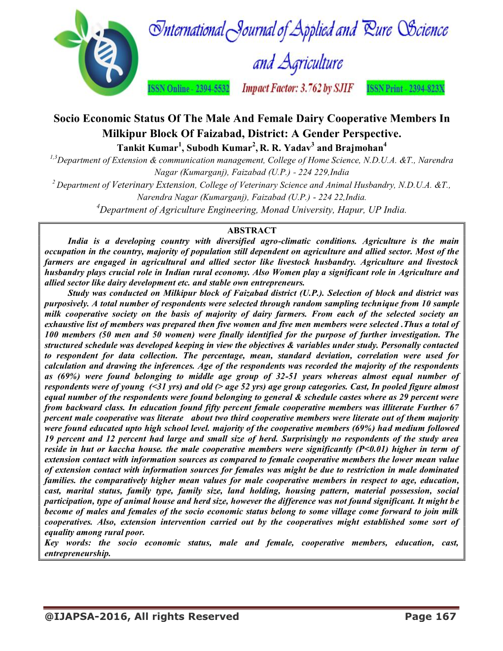 Socio Economic Status of the Male and Female Dairy Cooperative Members in Milkipur Block of Faizabad, District: a Gender Perspective