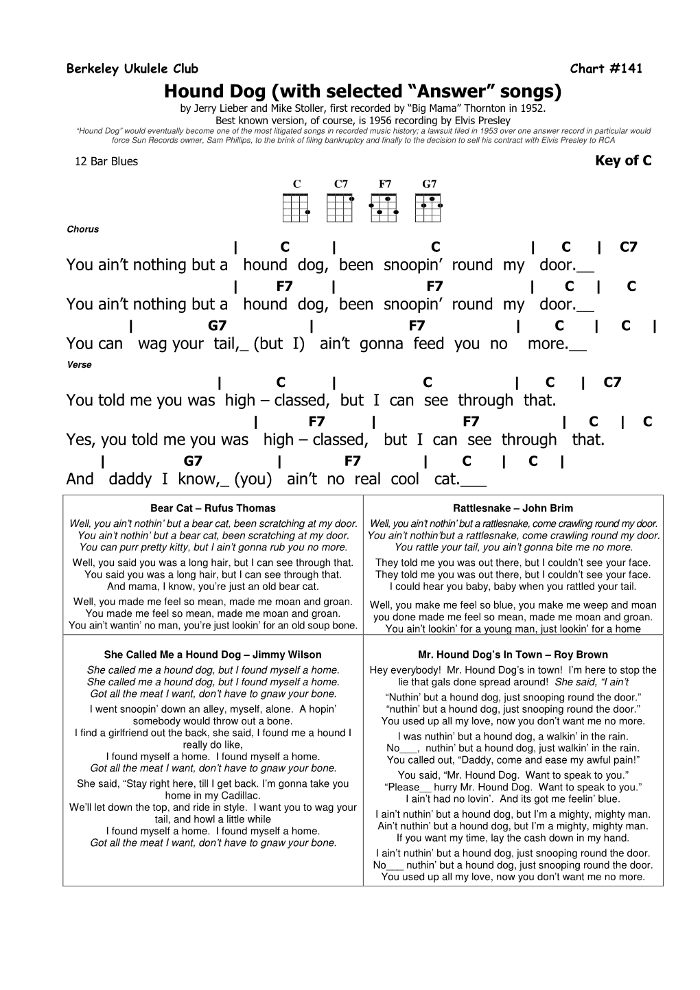 Hound Dog (With Selected “Answer” Songs) by Jerry Lieber and Mike Stoller, First Recorded by “Big Mama” Thornton in 1952