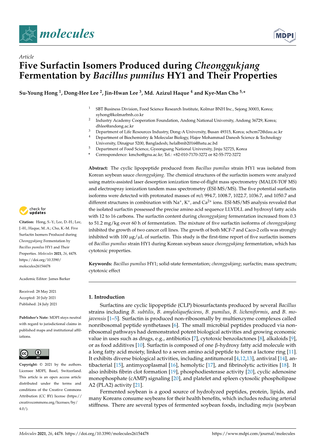 Five Surfactin Isomers Produced During Cheonggukjang Fermentation by Bacillus Pumilus HY1 and Their Properties