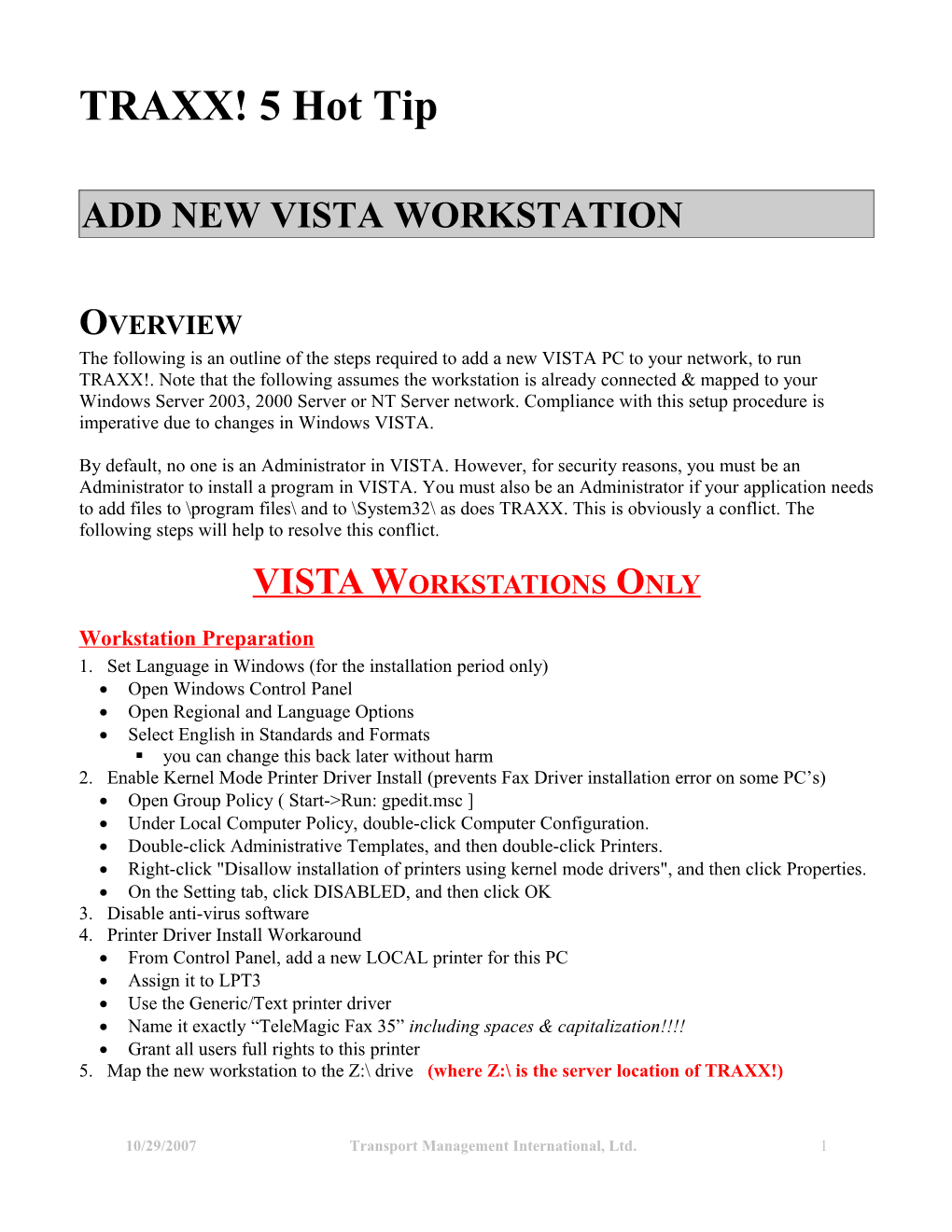 Add New Vista Workstation