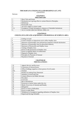 THE HARYANA CEILING on LAND HOLDINGS ACT, 1972 CONTENTS Sections CHAPTER 1 PRELIMINARY 1