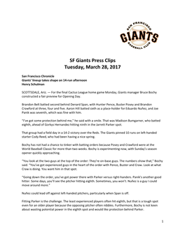 SF Giants Press Clips Tuesday, March 28, 2017