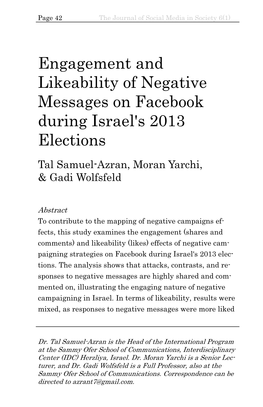 Engagement and Likeability of Negative Messages on Facebook During Israel's 2013 Elections