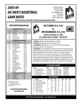 2003-04 Uic Men's Basketball Game Notes