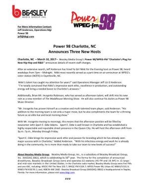 Power 98 Charlotte, NC Announces Three New Hosts