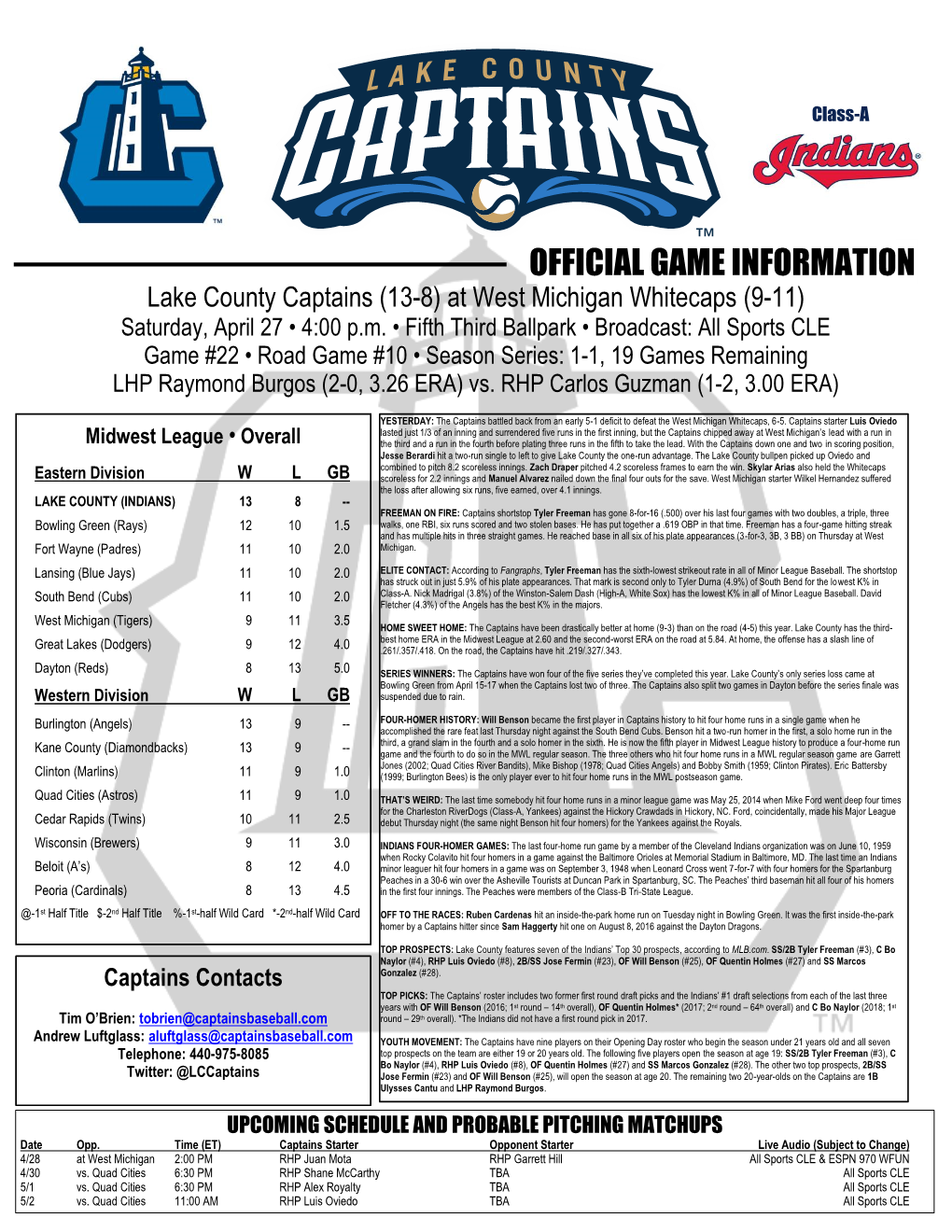 OFFICIAL GAME INFORMATION Lake County Captains (13-8) at West Michigan Whitecaps (9-11) Saturday, April 27 • 4:00 P.M