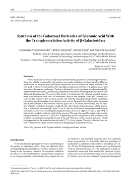 Synthesis of the Galactosyl Derivative of Gluconic Acid with the Transglycosylation Activity of Β-Galactosidase