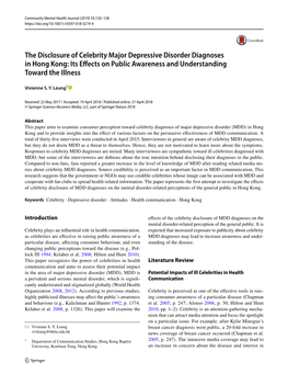 The Disclosure of Celebrity Major Depressive Disorder Diagnoses in Hong Kong: Its Effects on Public Awareness and Understanding Toward the Illness
