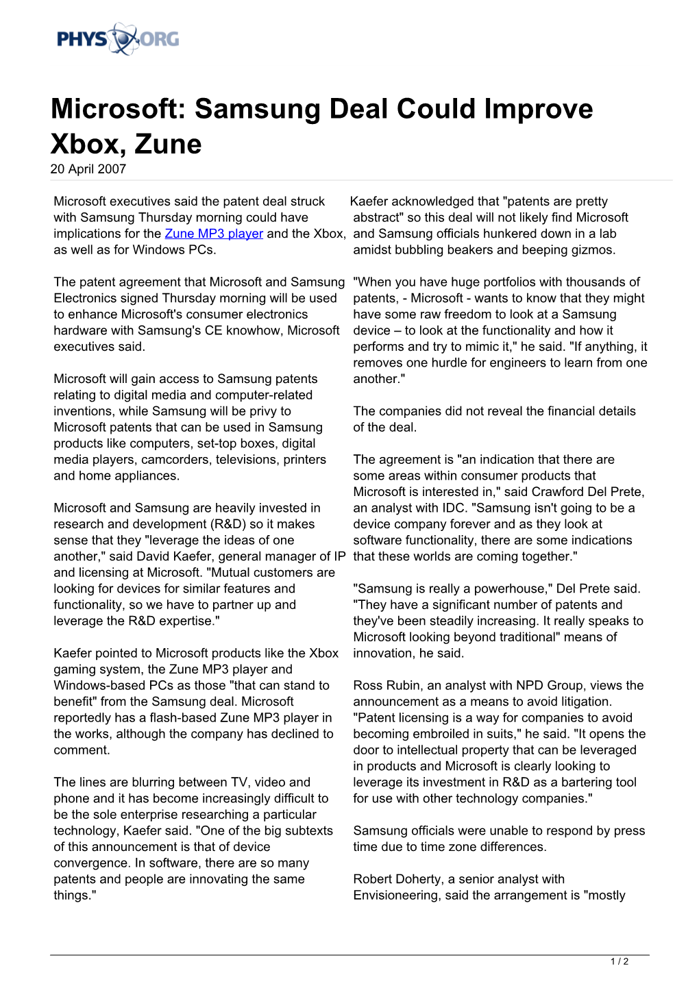 Microsoft: Samsung Deal Could Improve Xbox, Zune 20 April 2007