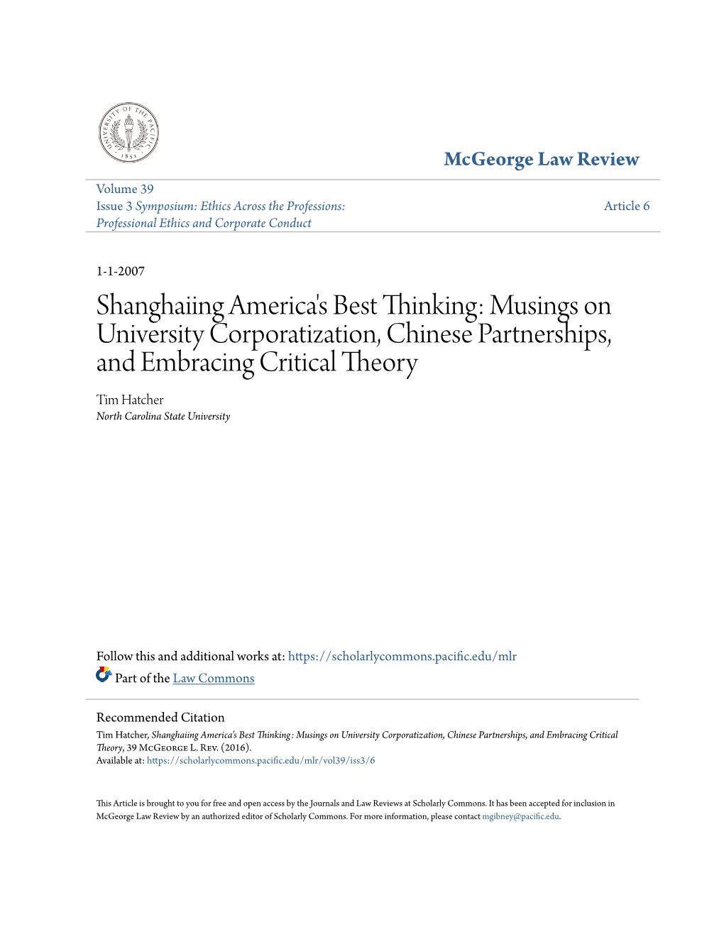 Shanghaiing America's Best Thinking: Musings on University